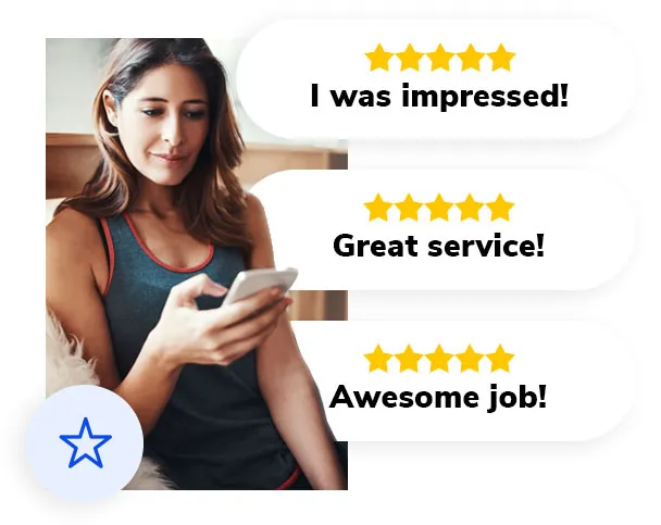 Customer leaving five-star reviews on her phone