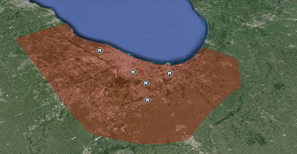 After: satellite map of King's expanded service area covering a much larger region along Lake Michigan