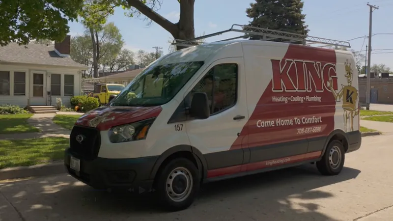King Heating, Cooling & Plumbing service van on a residential street