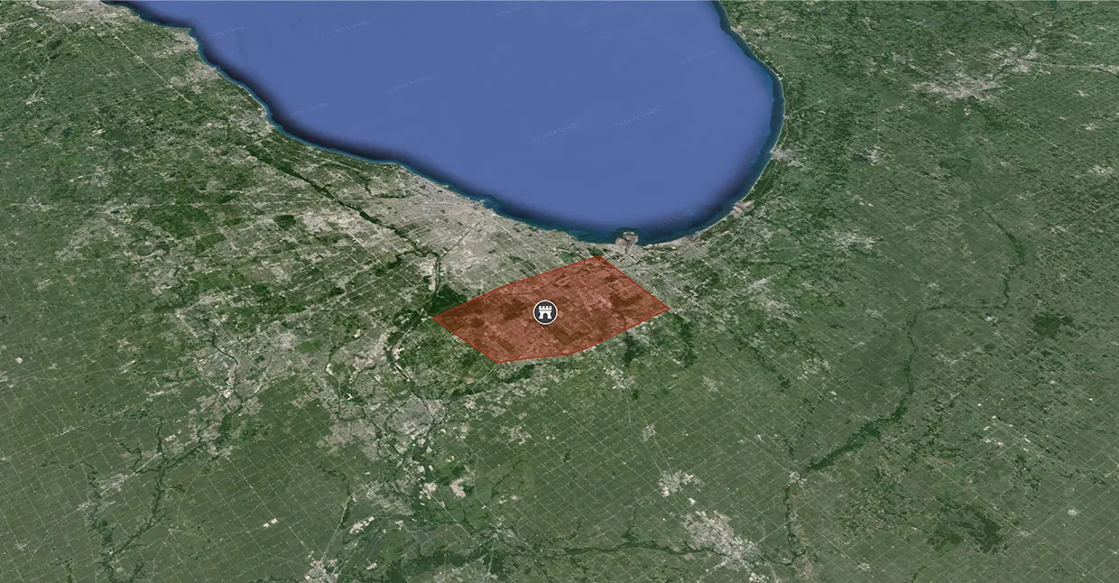 Before: satellite map of King's original service area, a small zone near Lake Michigan
